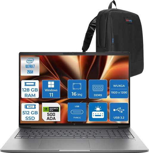 Zbook Power Zx 16 G1I Intel Ultra 7 255H 128GB Ddr5 512GB SSD 6GB/RTXPRO500 16" Wuxga IPS Windows 11 Pro Taşınabilir Bilgisayar B30HMESP29 + Zettaçanta