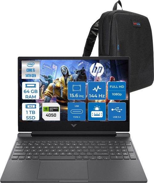 Victus 15-WFA2023NT Intel Core I5 14450HX 64GB Ddr5 1tb SSD RTX4050 6gb 15.6" IPS Fhd (1920 x 1080) 144HZ 300NIT Freedos Taşınabilir Bilgisayar BY2K1EAF28 + Zetta Çanta