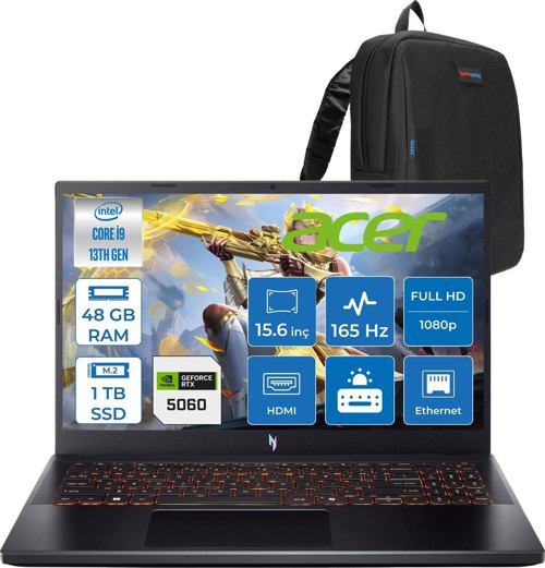 Nitro V15 ANV15-52-91EQ Intel Core I9 13900H 48GB 1tb SSD RTX5060 8gb Freedos 15,6" Fullhd (1920 x 1080) 165HZ IPS 300NIT Taşınabilir Bilgisayar NHQZAEYF28 + Zetta Çanta