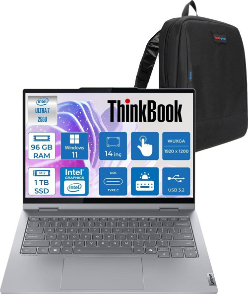Thinkbook 14 2-In-1 G5 Iau Intel Core Ultra 7 255U 96GB Ddr5 1tb SSD Windows 11 Home Dokunmatik 14 Inç Wuxga (1920 x 1200) IPS 300NITS NP21SQ002TTXH52 + Zetta Çanta