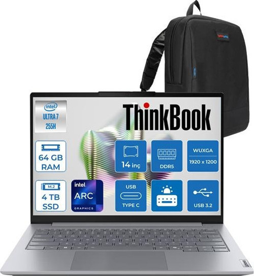 Thinkbook 14 G8 Ial Intel Core Ultra 7 255H 64GB Ddr5 4tb SSD Intel Arc 140T 14" Wuxga IPS 300NITS Windows 11 Pro Taşınabilir Bilgisayar 21SJ007BTXH24 + Zettaçanta
