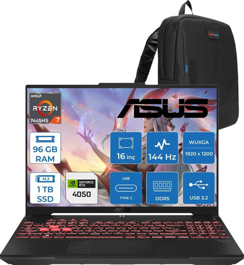 Tuf Gaming A16 (FA607NUG-GAMING) Amd Ryzen™ 7 7445HS 96GB Ddr5 1tb SSD RTX4050/6GB 140W 16-Inch, Fhd+ 16:10 (1920 x 1200, Wuxga) 144Hz IPS Freedos Taşınabilir Bilgisayar RL125F33+ZETTAÇANTA