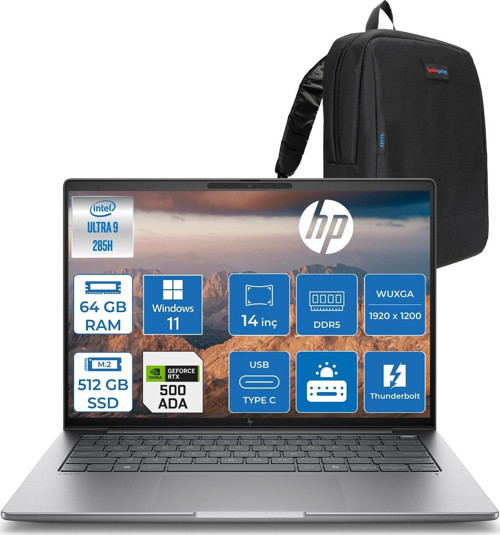 Zbook 8 G1I Ultra 9 285H 64GB Ddr5 512GB SSD 4GB/RTXA500 14" Wuxga 300 Nit Windows 11 Pro Taşınabilir Iş Istasyonu B30HPESP21 + Zettaçanta