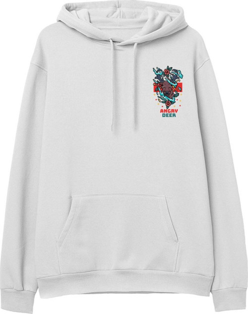 Angry Deer Baskılı Beyaz Hoodie