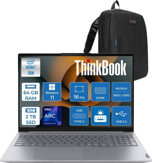 Thinkbook 16 Gen 8 Ial Intel Core Ultra 7 255H 64GB Ddr5 2tb SSD Windows 11 Pro Intel Arc 140T 16 Inç Wuxga (1920 x 1200) IPS 300NITS Taşınabilir Bilgisayar 21SK007UTXP39 + Zetta Çanta