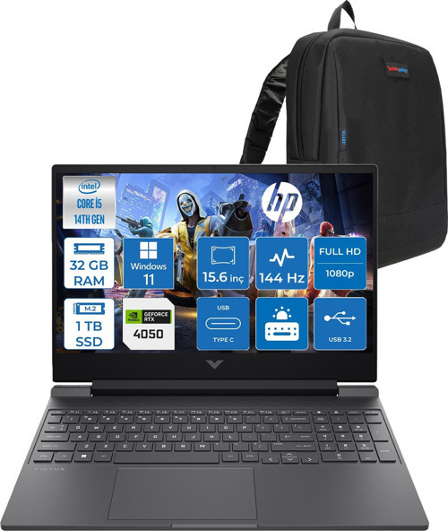 Victus 15-WFA2023NT Intel Core I5 14450HX 32GB Ddr5 1tb SSD RTX4050 6gb 15.6" IPS Fhd (1920 x 1080) 144HZ 300NIT Windows 11 Home Taşınabilir Bilgisayar BY2K1EAH13 + Zetta Çanta