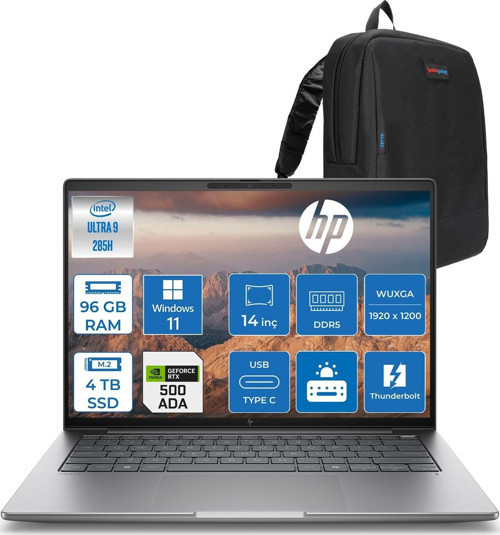 Zbook 8 G1I Ultra 9 285H 96GB Ddr5 4tb SSD 4GB/RTXA500 14" Wuxga 300 Nit Windows 11 Pro Taşınabilir Iş Istasyonu B30HPESP24 + Zettaçanta