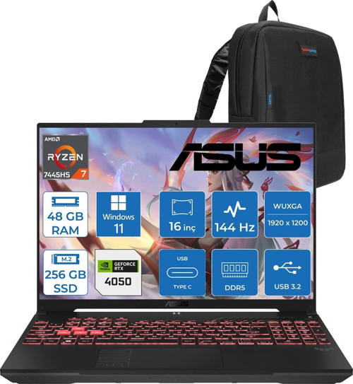 Tuf Gaming A16 (FA607NUG-GAMING) Amd Ryzen™ 7 7445HS 48GB Ddr5 256GB SSD RTX4050/6GB 140W 16-Inch, Fhd+ 16:10 (1920 x 1200, Wuxga) 144Hz IPS WIN11HOME Taşınabilir Bilgisayar RL125H16+ZETTAÇANTA