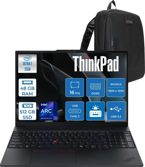 Thinkpad E16 Gen 3 Intel Core Ultra 7 255H 48GB Ddr5 512GB SSD Freedos Intel Arc 140T 16 Inç Wuxga (1920 x 1200) IPS 300NITS Taşınabilir Bilgisayar 21SR006RTXF22 + Zetta Çanta