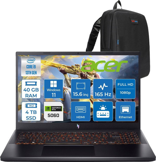 Nitro V15 ANV15-52-91EQ Intel Core I9 13900H 40GB 4tb SSD RTX5060 8gb Windows 11 Home 15,6" Fullhd (1920 x 1080) 165HZ IPS 300NIT Taşınabilir Bilgisayar NHQZAEYH25 + Zetta Çanta