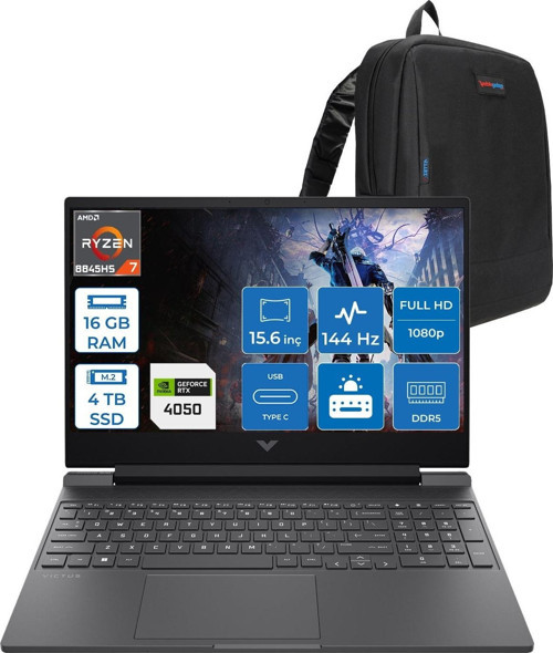 Victus 15-FB3706NT Amd Ryzen 7 8845HS 16GB Ddr5 4tb SSD 6GB/RTX4050/75W 15.6" Fhd IPS 144Hz Windows 11 Pro Taşınabilir Bilgisayar B9KM3EAP04 + Zettaçanta