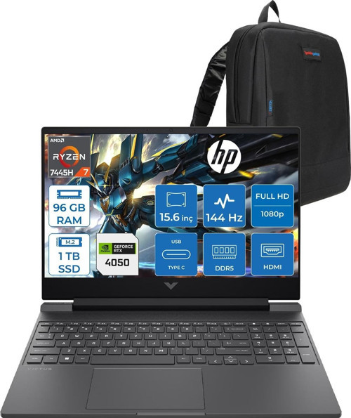 Victus Gaming Amd Ryzen 7-7445HS 96GB Ddr5 1tb SSD Rtx RTX4050/6GB 15.6" Fhd (1920 x 1080), 144 Hz, Ips, 300 Nits Freedos Gaming Bilgisayar WBX9U9EAF33+ZETTAÇANTA