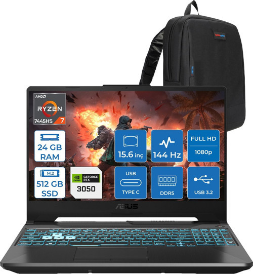 Tuf Gaming A15 – FA506NCG Amd Ryzen 7-7445HS 24GB Ddr5 512GB SSD Rtx 3050/4GB 75W 15.6 Inç Full Hd 144Hz Ips-Level Freedos Gaming Bilgisayar HN206AF07+ZETTAÇANTA