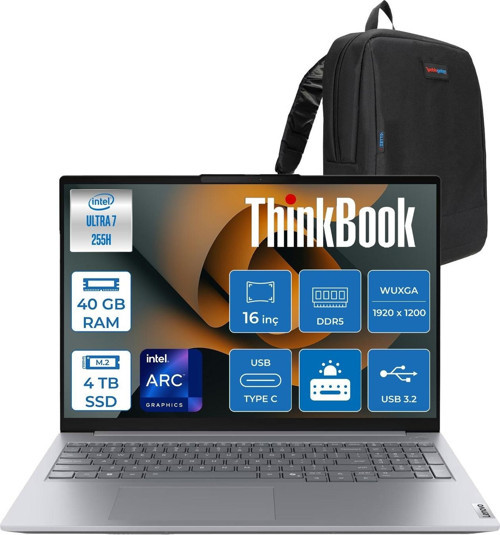 Thinkbook 16 Gen 8 Ial Intel Core Ultra 7 255H 40GB Ddr5 4tb SSD Freedos Intel Arc 140T 16 Inç Wuxga (1920 x 1200) IPS 300NITS Taşınabilir Bilgisayar 21SK007UTXF26 + Zetta Çanta