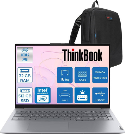 Thinkbook 16 Gen 8 Ial Intel Core Ultra 5 225U 32GB Ddr5 512GB SSD Freedos Intel Aı Boost 16 Inç Wuxga (1920 x 1200) IPS 300NITS Taşınabilir Bilgisayar 21SK007VTXF16 + Zetta Çanta