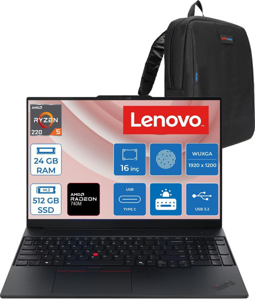 Thinkpad E16 Gen3 Amd Ryzen 5 220 4.9ghz 24GB 512GB SSD Amd Radeon 740M 16" Wuxga IPS 300NITS Windows 11 Home Kurumsal Iş Bilgisayarı 21ST0058TXH05 + Zettaçanta