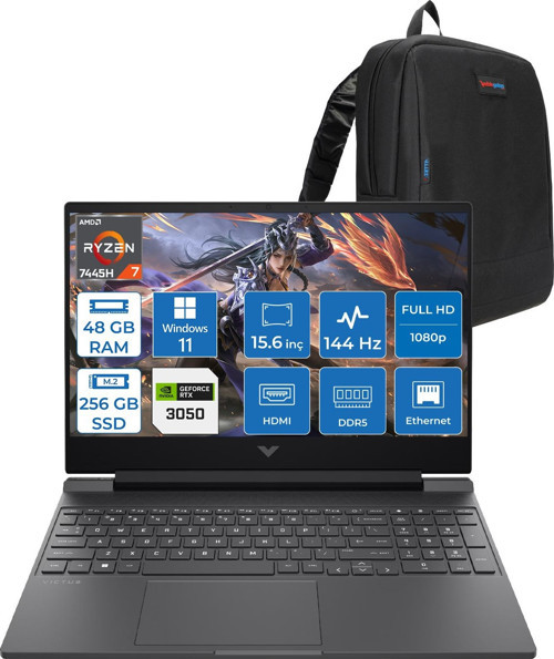 Victus Gaming Amd Ryzen 7-7445HS 48GB Ddr5 256GB SSD Rtx 3050/4GB 15.6" Fhd (1920 x 1080), 144 Hz, Ips, 300 Nits WIN11HOME Gaming Bilgisayar WBX9V1EAF16+ZETTAÇANTA