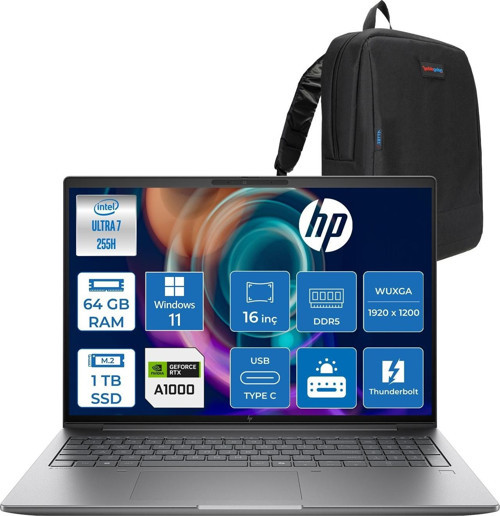 Zbook x G1I Ultra 7 255H 64GB Ddr5 1tb SSD 8GB/RTXPRO1000 16" Wuxga Düşük Mavi Işık 400NIT %100 Srgb Windows 11 Pro Taşınabilir Iş Istasyonu B30HLESP22 + Zettaçanta