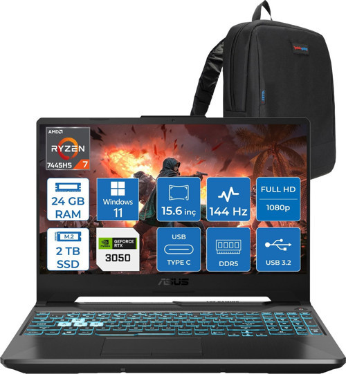 Tuf Gaming A15 – FA506NCG Amd Ryzen 7-7445HS 24GB Ddr5 2tb SSD Rtx 3050/4GB 75W 15.6 Inç Full Hd 144Hz Ips-Level WIN11HOME Gaming Bilgisayar HN206AF09+ZETTAÇANTA
