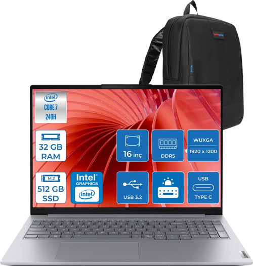 Thinkbook 16 G8 Irl Intel Core 7 240H 32GB Ddr5 512GB SSD Intel Iris Xe Graphics 16" Wuxga IPS 300NITS 60Hz Freedos Taşınabilir Bilgisayar 21SH009GTXF09 + Zettaçanta