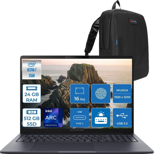 Expertbook B5 B5605CCA-U716512B1D Intel® Core™ Ultra 7 255H Aı 24GB Ddr5 512GB SSD Intel® Arc™ Graphics 16" Wuxga (1920X1200) IPS 300NITS Freedos Taşınabilir Bilgisayar B5605CCAF02+ZETTAÇANTA