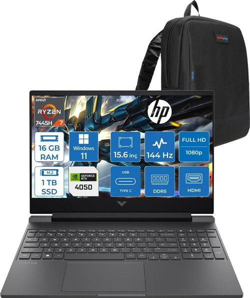 Victus Gaming Amd Ryzen 7-7445HS 16GB Ddr5 1tb SSD Rtx RTX4050/6GB 15.6" Fhd (1920 x 1080), 144 Hz, Ips, 300 Nits WIN11PRO Gaming Bilgisayar WBX9U9EAF03+ZETTAÇANTA