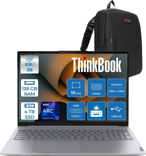 Thinkbook 16 Gen 8 Ial Intel Core Ultra 7 255H 128GB Ddr5 4tb SSD Freedos Intel Arc 140T 16 Inç Wuxga (1920 x 1200) IPS 300NITS Taşınabilir Bilgisayar 21SK007UTXF61 + Zetta Çanta