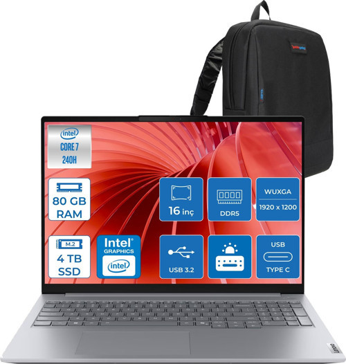 Thinkbook 16 G8 Irl Intel Core 7 240H 80GB Ddr5 4tb SSD Intel Iris Xe Graphics 16" Wuxga IPS 300NITS 60Hz Freedos Taşınabilir Bilgisayar 21SH009GTXF24 + Zettaçanta