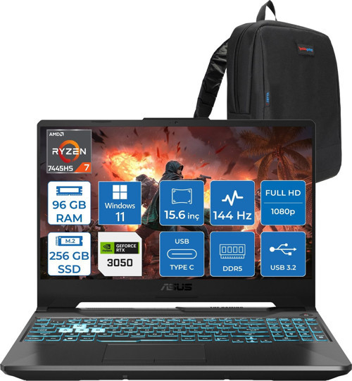 Tuf Gaming A15 – FA506NCG Amd Ryzen 7-7445HS 96GB Ddr5 256GB SSD Rtx 3050/4GB 75W 15.6 Inç Full Hd 144Hz Ips-Level WIN11HOME Gaming Bilgisayar HN206AF31+ZETTAÇANTA