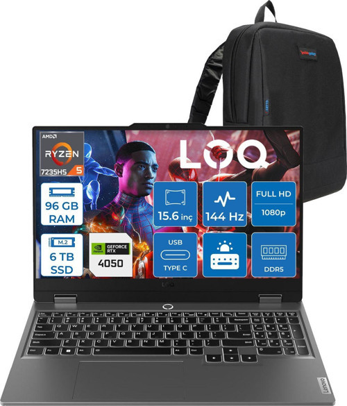 Loq 15ARP9 Amd Ryzen 5 7235HS 96GB Ddr5 6tb SSD Freedos RTX4050 6gb 105W 15.6" Fhd (1920X1080) IPS 300NITS 144Hz Gaming Laptop 83JC00H4TRF55 + Zetta Çanta