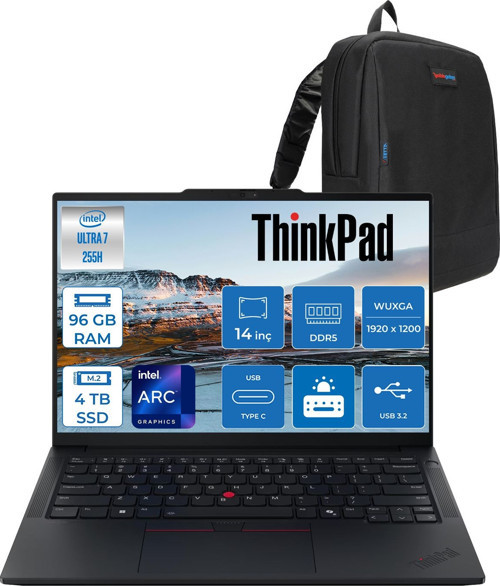 Thinkpad E14 Gen 7 Intel Core Ultra 7 255H Aı 96GB Ddr5 4tb SSD Intel® Arc™ 140T 14" Wuxga (1920X1200) IPS 300NITS IPS Freedos Taşınabilir BILG.T21SX007CTXF30+ZETTAÇANTA