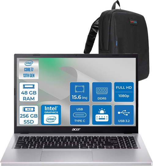 Acer Aspire Go 15 Intel Core I7-13620H Ddr5 48GB 256GB SSD Freedos Intel UHD Graphics 15,6" Fhd (1920 x 1080) IPS Taşınabilir Bilgisayar NXJ6SEY001F21 + Zetta Çanta
