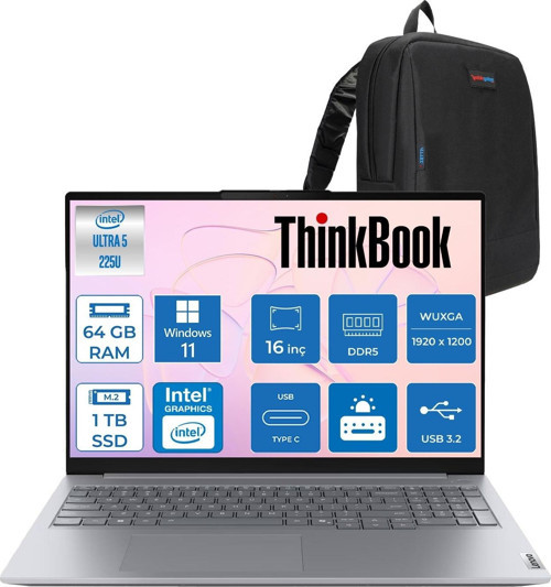 Thinkbook 16 Gen 8 Ial Intel Core Ultra 5 225U 64GB Ddr5 1tb SSD Windows 11 Home Intel Aı Boost 16 Inç Wuxga (1920 x 1200) IPS 300NITS Taşınabilir Bilgisayar 21SK007VTXH38 + Zetta Çanta