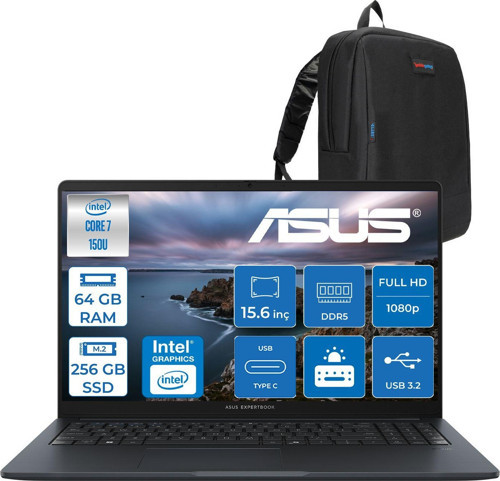 Expertbook B1 B1503CVA-C78G512B4D Intel Core 7 150U 64GB Ddr5 256GB SSD 15.6"fhd 300NITS (1920 x 1080) Freedos Taşınabilir Bilgisayar C78G512B4DF21+ZETTAÇANTA
