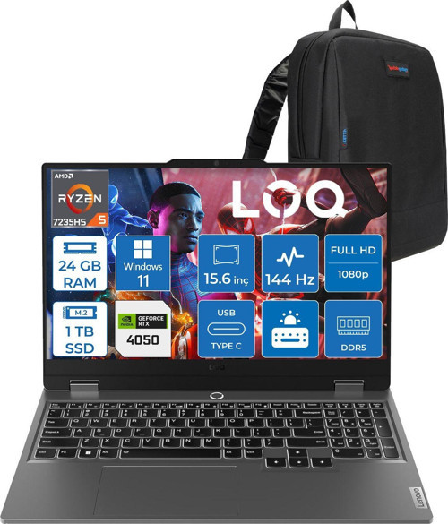 Loq 15ARP9 Amd Ryzen 5 7235HS 24GB Ddr5 1tb SSD Windows 11 Home RTX4050 6gb 105W 15.6" Fhd (1920X1080) IPS 300NITS 144Hz Gaming Laptop 83JC00H4TRH10 + Zetta Çanta