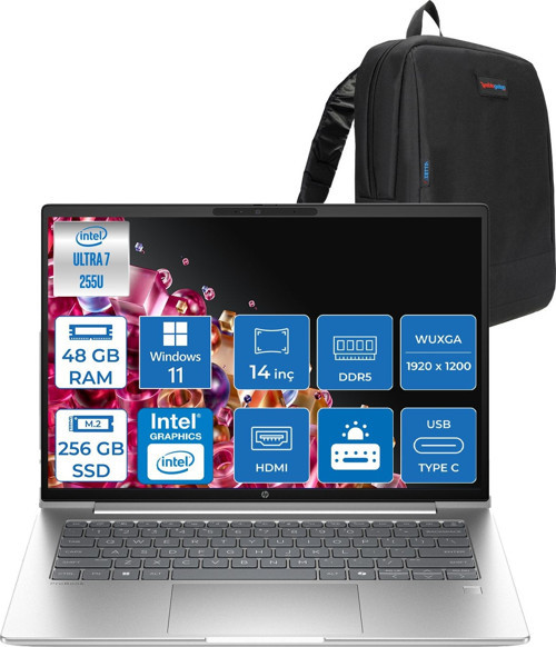 Probook 4 G1I Intel® Core Ultra 7 255U 48GB Ddr5 256GB SSD 14" Wuxga (1920 x 1200), IPS 300 Nits WIN11PRO Taşınabilir Bilgisayar C9FH1ETP11+ZETTAÇANTA