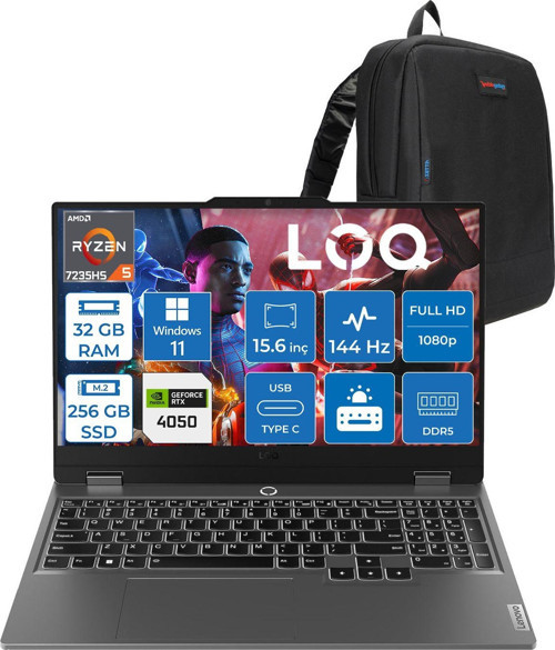 Loq 15ARP9 Amd Ryzen 5 7235HS 32GB Ddr5 256GB SSD Windows 11 Home RTX4050 6gb 105W 15.6" Fhd (1920X1080) IPS 300NITS 144Hz Gaming Laptop 83JC00H4TRH15 + Zetta Çanta