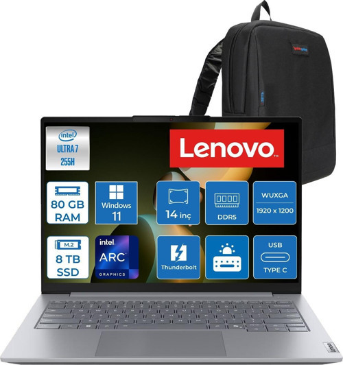 Thinkbook 14 Gen8 Ial Intel Core Ultra 7 255H 5.1ghz 80GB Ddr5 8tb SSD Windows 11 Pro Intel Arc 140T 14 Inç Wuxga (1920 x 1200) IPS 300NITS Taşınabilir Bilgisayar 21SJ007ATXP49 + Zetta Çanta