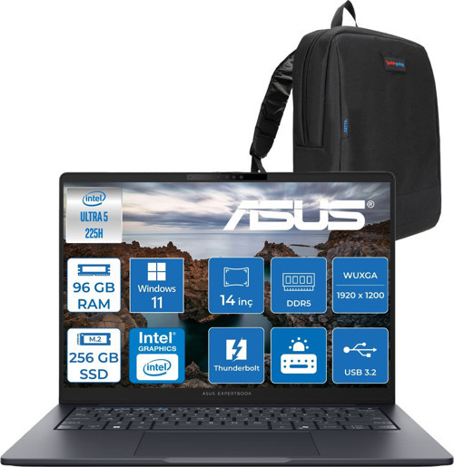 Expertbook B5 B5405CCA Intel® Core™ Ultra 5 225H 96GB Ddr5 256GB SSD 14.0-Inch, Wuxga (1920 x 1200) 300NITS WIN11HOME Taşınabilir Bilgisayar U516512B0DH31+ZETTAÇANTA