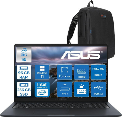 Expertbook B1 B1503CVA-C78G512B4D Intel Core 7 150U 96GB Ddr5 256GB SSD 15.6"fhd 300NITS (1920 x 1080) WIN11PRO Taşınabilir Bilgisayar C78G512B4DP31+ZETTAÇANTA