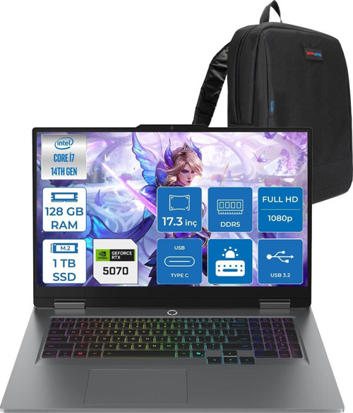 Loq 17IRX10 Intel Core I7 14700HX 128GB Ddr5 1tb SSD RTX5070 8gb 115W Freedos 17 Inç Fhd (1920X1080) IPS 300NITS 165HZ 100% Srgb Taşınabilir Bilgisayar W83JH006HTRF50 + Zetta Çanta
