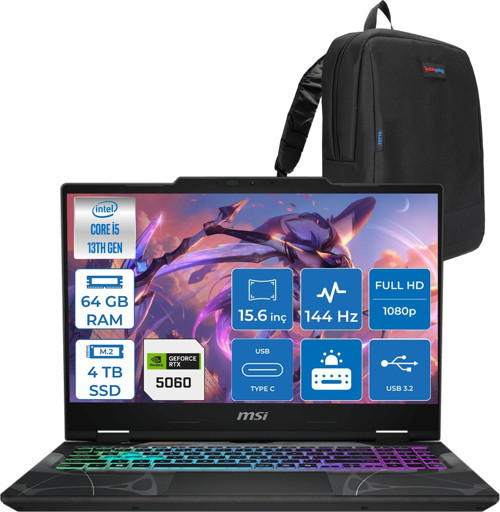 Cyborg 15 Intel Core I5 13420H 64GB Ddr5 4tb SSD RTX5060 Gddr7 8gb Freedos 15.6" Fullhd (1920X1080) 144HZ IPS Taşınabilir Bilgisayar B13WFKG491XTRF30 + Zetta Çanta