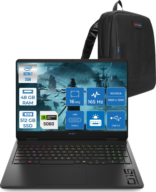 Omen 16-AM0018NT Intel Core Ultra 7 255H 48GB Ddr5 512GB SSD RTX5060 8gb Gddr7 16 Inç Wuxga (1920X1200) 165Hz 400NITS 3ms IPS Freedos Taşınabilir Bilgisayar BQ1Z1EAF25 + Zetta Çanta