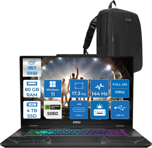 Cyborg 17 Intel Core I7 13620H 80GB Ddr5 4tb SSD RTX5060 Gddr7 8gb Windows 11 Home 17.3" Fullhd (1920X1080) 144HZ IPS Taşınabilir Bilgisayar B13WFKG210XTRH35 + Zetta Çanta