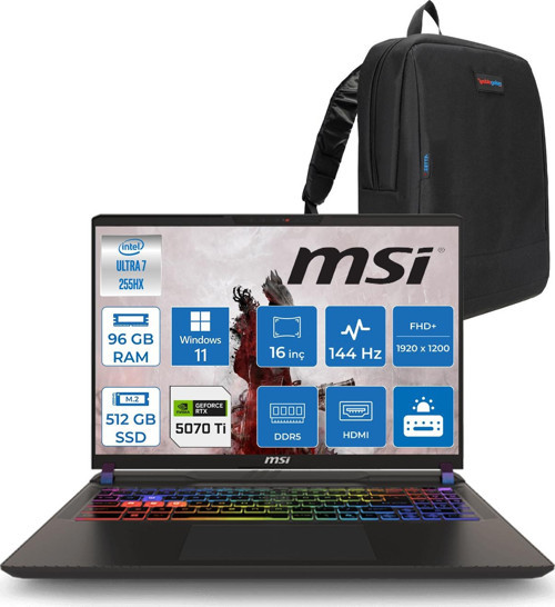 Vector 16 Intel Core Ultra 7 255HX 96GB 512GB SSD RTX5070TI 12GB Tdp 140W Gddr7 Windows 11 Pro 16" Fhd+ 144Hz Taşınabilir Bilgisayar A2XWHG091XTRP36 + Zetta Çanta