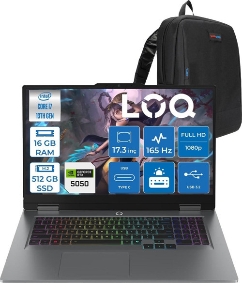 Loq 17IRX10 Intel Core I7 13650HX 16GB Ddr5 512GB SSD RTX5050 8gb 115W Freedos 17.3 Inç Fhd (1920X1080) IPS 300NITS 165HZ 100% Srgb Taşınabilir Bilgisayar W83JH006CTRF01 + Zetta Çanta