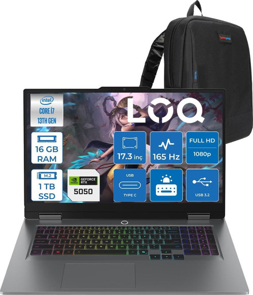 Loq 17IRX10 Intel Core I7 13650HX 16GB Ddr5 1tb SSD RTX5050 8gb 115W Freedos 17.3 Inç Fhd (1920X1080) IPS 300NITS 165HZ 100% Srgb Taşınabilir Bilgisayar W83JH006CTRF02 + Zetta Çanta