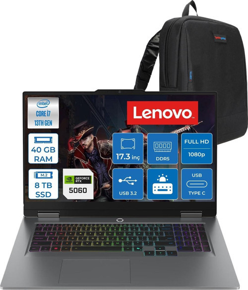 Loq 17IRX10 Intel Core I7 13650HX 40GB Ddr5 8tb SSD RTX5060 8gb 115W Freedos 17.3 Inç Fhd (1920X1080) IPS 300NITS 165HZ 100% Srgb Taşınabilir Bilgisayar W83JH006ETRF24 + Zetta Çanta
