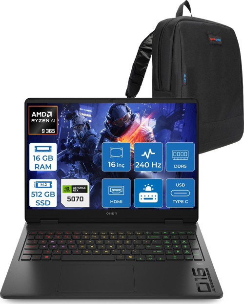 Omen 16-AP0012NT Amd Ryzen Aı 9 365 16GB Ddr5 512GB SSD RTX5070 8gb Gddr7 16 Inç Wqxga (2560 x 1600) 240Hz 500NITS 3ms IPS Freedos Taşınabilir Bilgisayar C12CGEAF01 + Zetta Çanta