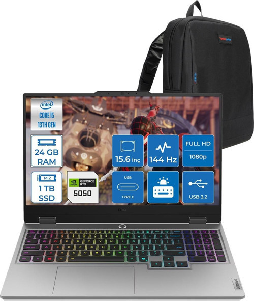 Loq Intel Core I5-13450HX 24GB Ddr5 1tb SSD 8GB/RTX5050/100W 15.6" Fhd IPS 300NITS 100% Srgb 144Hz Windows 11 Pro Taşınabilir Bilgisayar 83JE00JLTRH06 + Zettaçanta